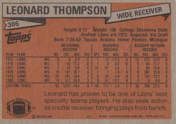 1981 Topps #386 Leonard Thompson Back
