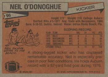 1981 Topps #96 Neil O'Donoghue Back