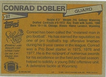 1981 Topps #97 Conrad Dobler Back