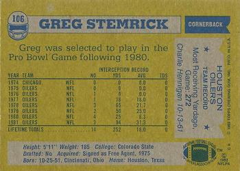 1982 Topps #106 Greg Stemrick Back