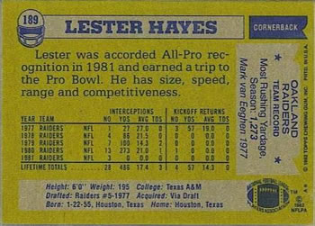 1982 Topps #189 Lester Hayes Back