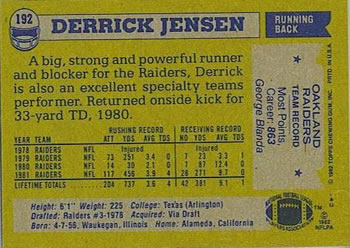 1982 Topps #192 Derrick Jensen Back