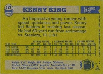 1982 Topps #193 Kenny King Back