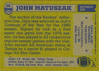 1982 Topps #195 John Matuszak Back
