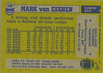 1982 Topps #199 Mark Van Eeghen Back