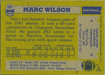1982 Topps #201 Marc Wilson Back