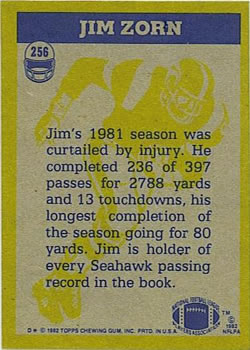 1982 Topps #256 Jim Zorn Back
