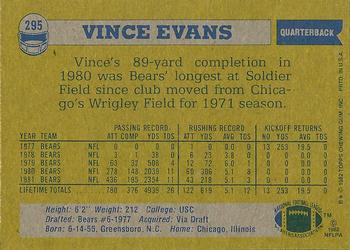 1982 Topps #295 Vince Evans Back