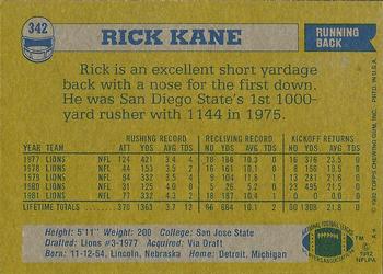 1982 Topps #342 Rick Kane Back