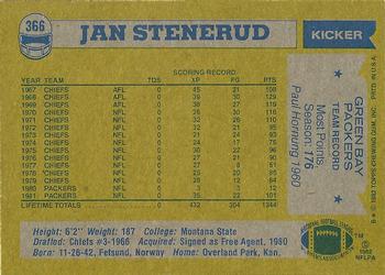 1982 Topps #366 Jan Stenerud Back