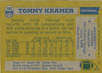 1982 Topps #394 Tommy Kramer Back