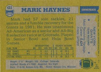 1982 Topps #422 Mark Haynes Back