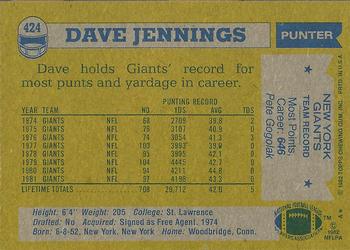 1982 Topps #424 Dave Jennings Back