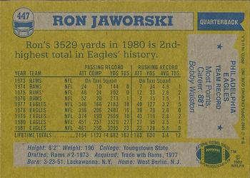1982 Topps #447 Ron Jaworski Back