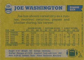 1982 Topps #524 Joe Washington Back