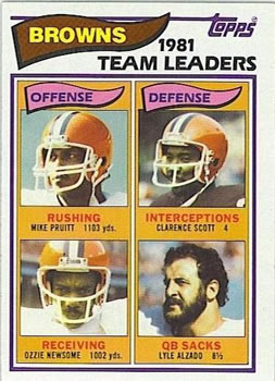 1982 Topps #55 Browns 1981 Team Leaders (Mike Pruitt / Clarence Scott / Ozzie Newsome / Lyle Alzado) Front