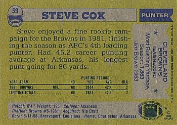 1982 Topps #59 Steve Cox Back