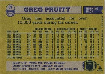 1982 Topps #69 Greg Pruitt Back