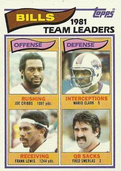 1982 Topps #21 Bills 1981 Team Leaders (Joe Cribbs / Mario Clark / Frank Lewis / Fred Smerlas) Front