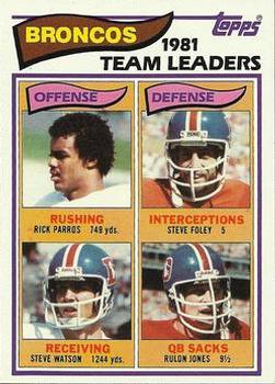 1982 Topps #76 Broncos 1981 Team Leaders (Rick Parros / Steve Foley / Steve Watson / Rulon Jones) Front