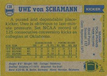 1982 Topps #138 Uwe Von Schamann Back