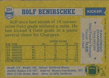 1982 Topps #224 Rolf Benirschke Back
