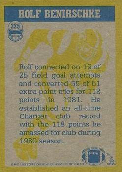 1982 Topps #225 Rolf Benirschke Back