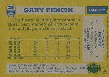 1982 Topps #296 Gary Fencik Back