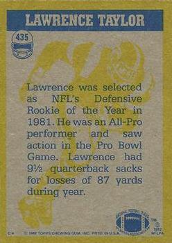 1982 Topps #435 Lawrence Taylor Back