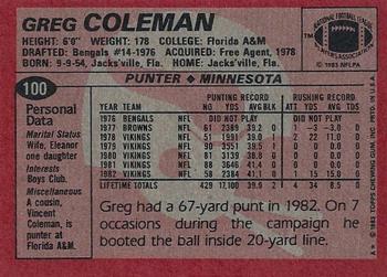1983 Topps #100 Greg Coleman Back