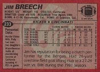 1983 Topps #233 Jim Breech Back