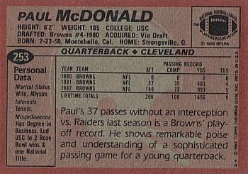 1983 Topps #253 Paul McDonald Back