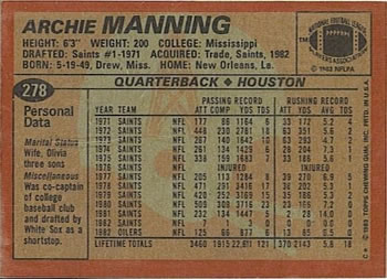 1983 Topps #278 Archie Manning Back