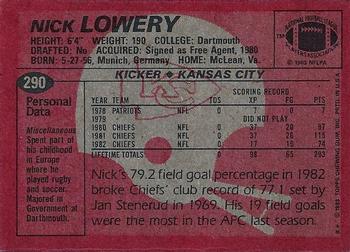 1983 Topps #290 Nick Lowery Back