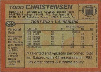 1983 Topps #298 Todd Christensen Back