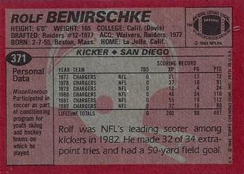 1983 Topps #371 Rolf Benirschke Back