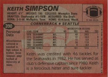 1983 Topps #390 Keith Simpson Back