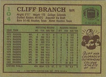 1984 Topps #104 Cliff Branch Back