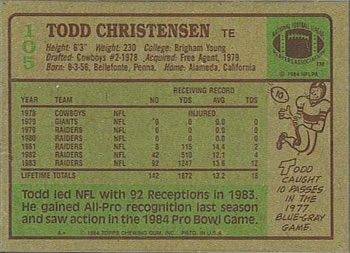 1984 Topps #105 Todd Christensen Back