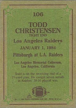 1984 Topps #106 Todd Christensen Back
