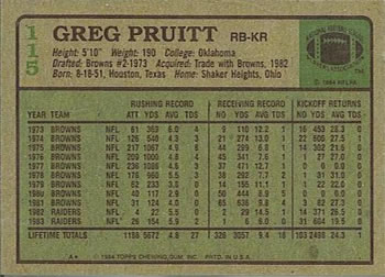 1984 Topps #115 Greg Pruitt Back