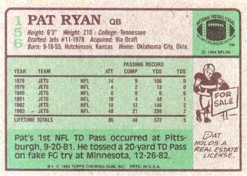 1984 Topps #156 Pat Ryan Back