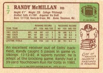 1984 Topps #17 Randy McMillan Back