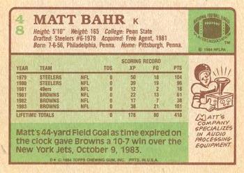 1984 Topps #48 Matt Bahr Back