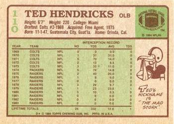 1984 Topps #110 Ted Hendricks Back