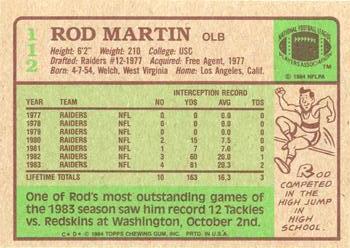 1984 Topps #112 Rod Martin Back
