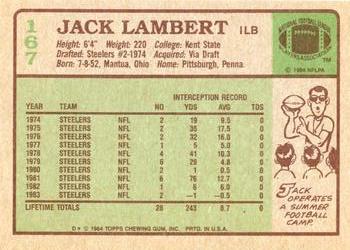 1984 Topps #167 Jack Lambert Back