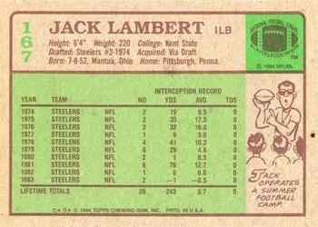 1984 Topps #167 Jack Lambert Back