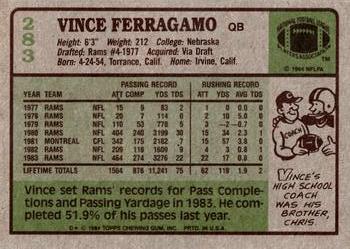 1984 Topps #283 Vince Ferragamo Back