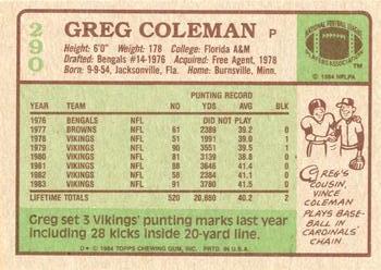 1984 Topps #290 Greg Coleman Back